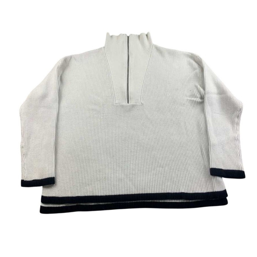 Laundry by Shelli Segal Sweater Women M Half Zip Ribbed White Black Contrast